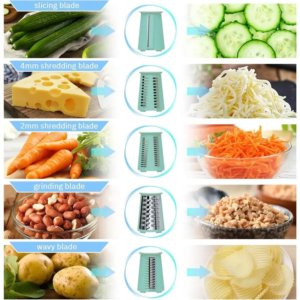 Manual Rotary Cheese Grater 5-in-1 with Suction Base Vegetable Slicer Green